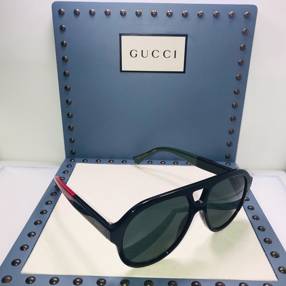 New - Gucci Black Red Green 0159 Stripe Aviator Unisex Gg0159 Sunglasses - Picture 2 of 11